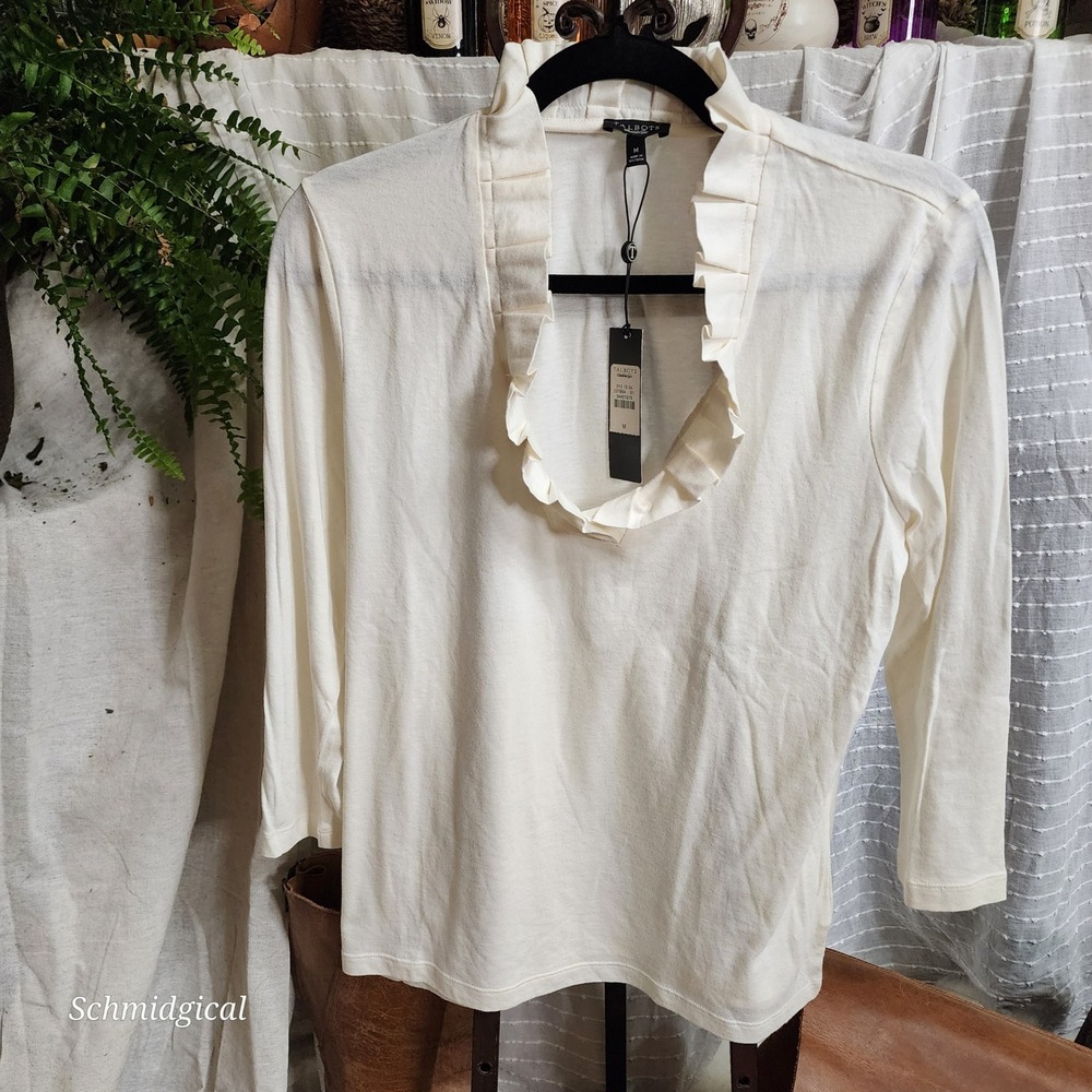 Talbots Womens Cream Ruffle Neck 3/4 Sleeve Cotton Modal Wool Top Size M NWT